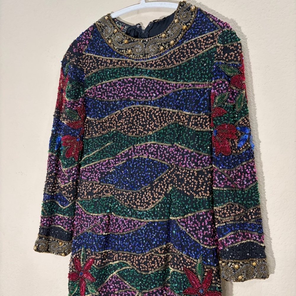 VTG sequined 1980s INDUS V silk beaded Multi Florals disco dress Party 15” PTP - Picture 2 of 16